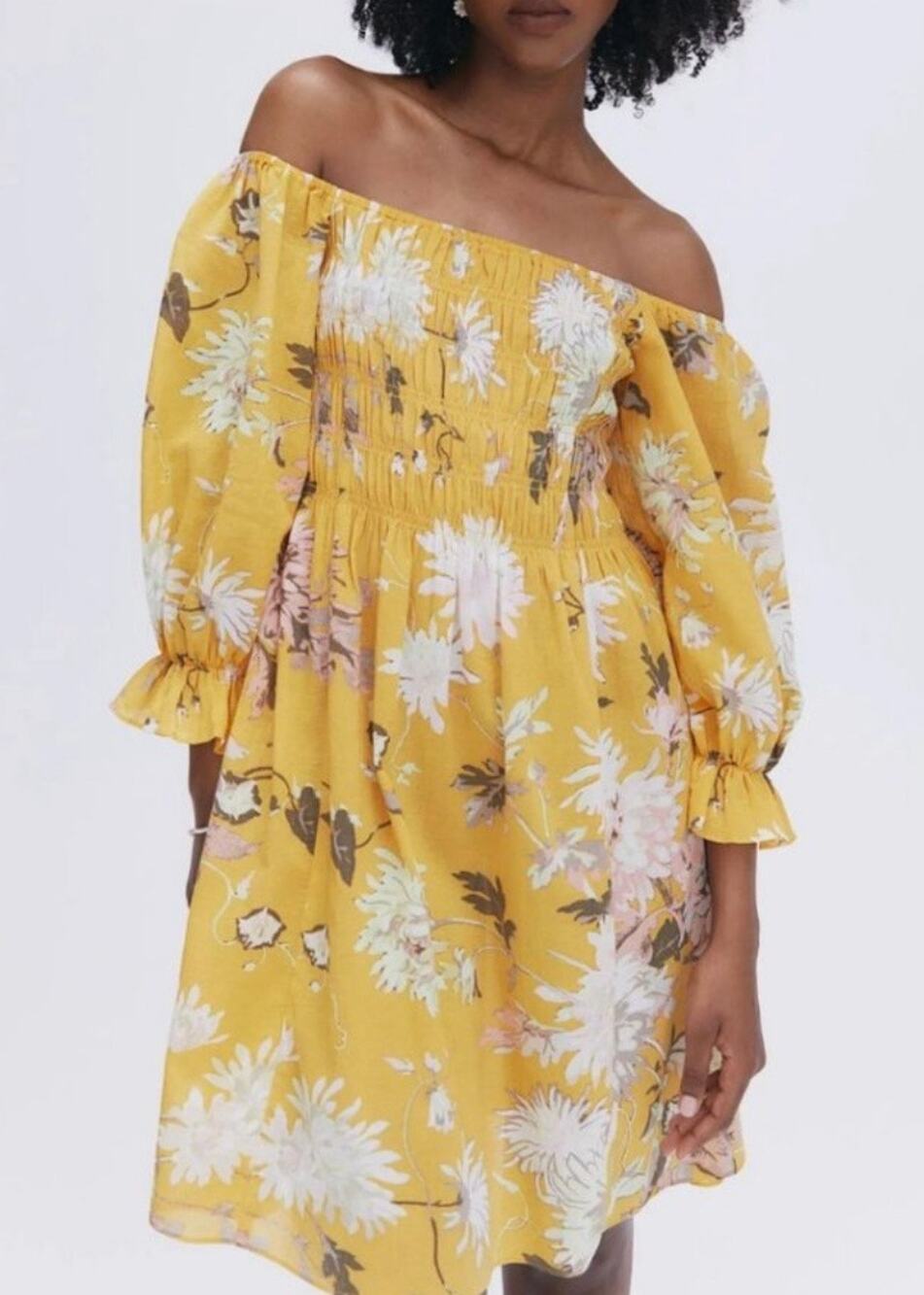 H&M Yellow Floral Bohemian Off-the-Shoulder Floral Midi Dress Size S